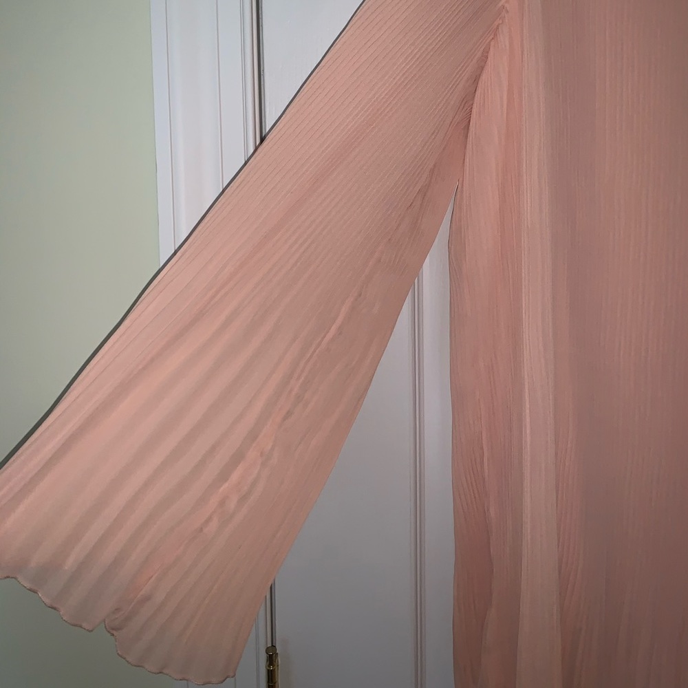 Light Peach Pleated Knee Length Dress - Picture 3 of 5